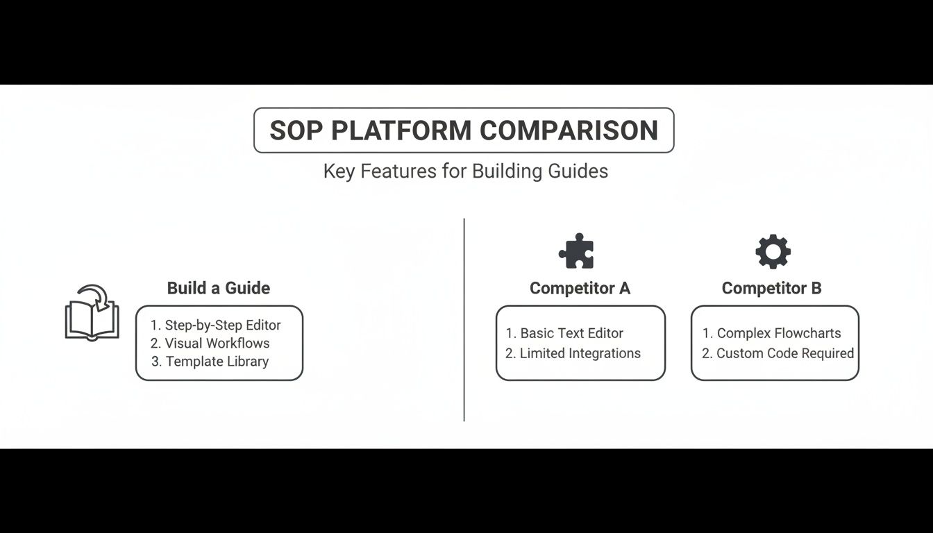 SOP platform comparison table showing key features like step-by-step editor, visual workflows, and template library versus competitors.