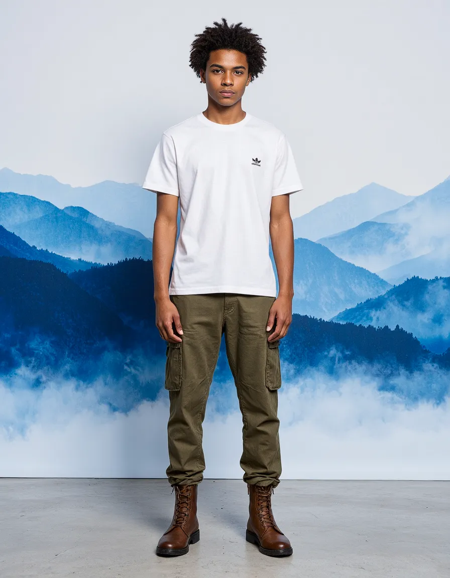 Fashion portrait featuring a white t-shirt and olive cargo pants against a dreamy blue mountain backdrop with layered misty peaks