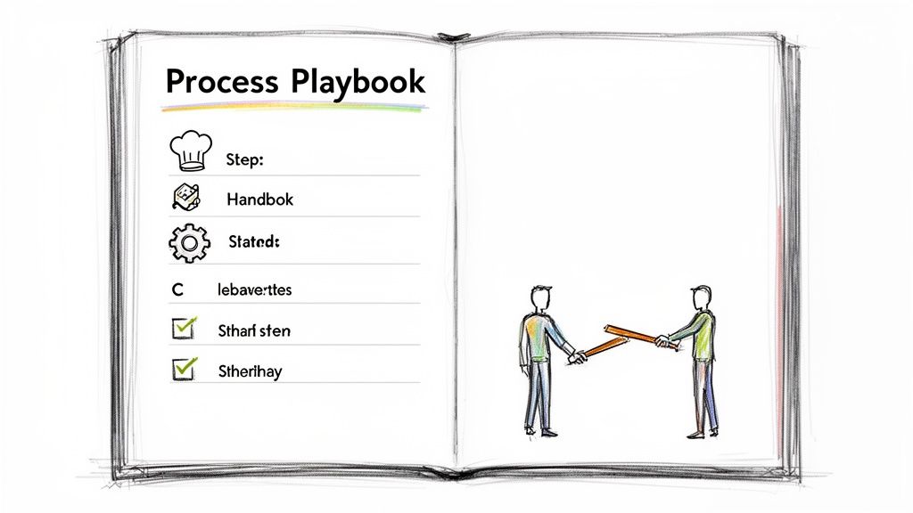 Hand-drawn image of an open 'Process Playbook' with listed steps and two figures collaborating.