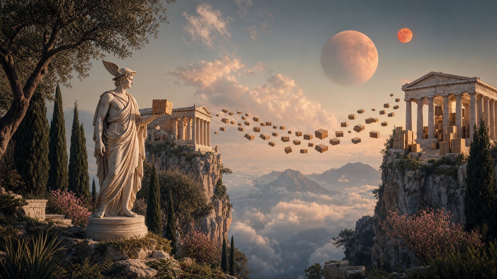 Marble Hermes holding a parcel as a stream of parcels flies between a shop temple and a warehouse temple above the clouds