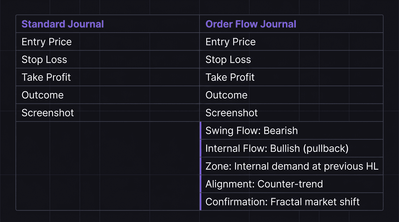 Comparison table showing standard trade journal fields versus order flow journal fields with five additional structural entries