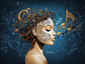 A woman's head adorned with musical notes.