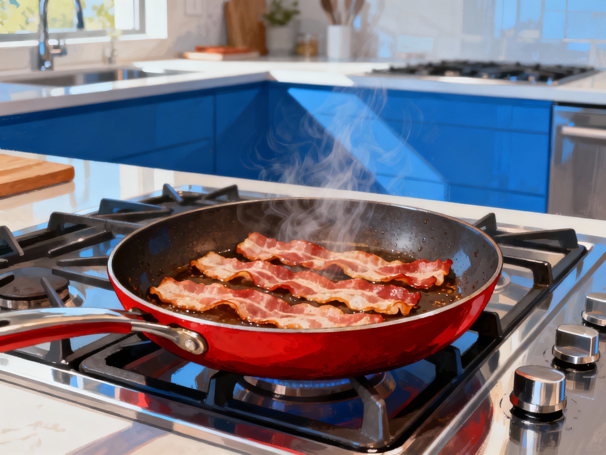 An expansive composition inside a modern kitchen at midday, showcasing a sizzling skillet with