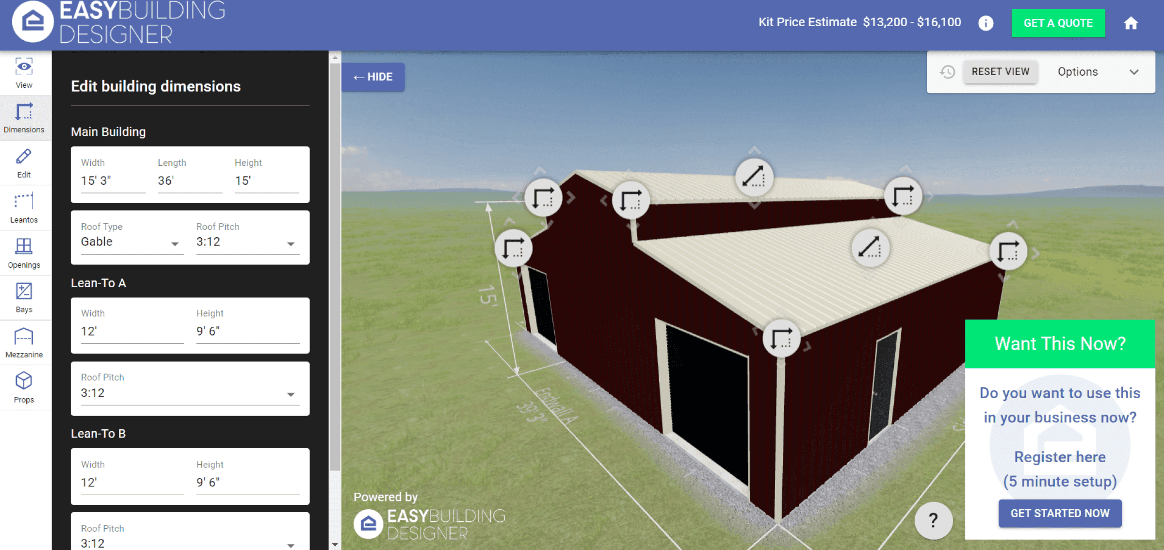 Easy Building Designer configurator for barns and sheds, showing dimension options and customizable layouts.