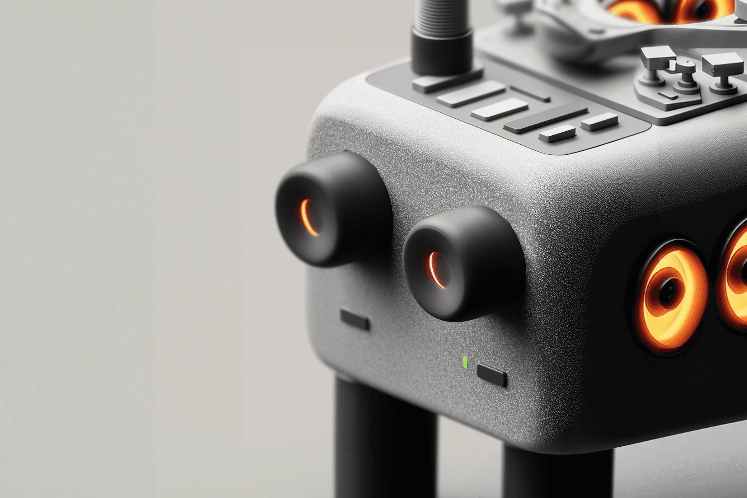 Close-up of a sleek, textured device with glowing knobs, buttons, and a green LED indicator, showcasing modern industrial design.