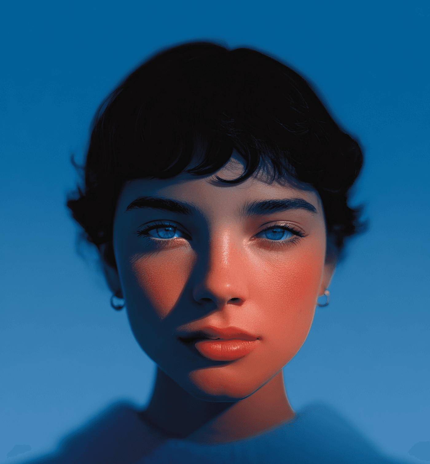 A woman with blue eyes and dark hair gazes thoughtfully into the distance.