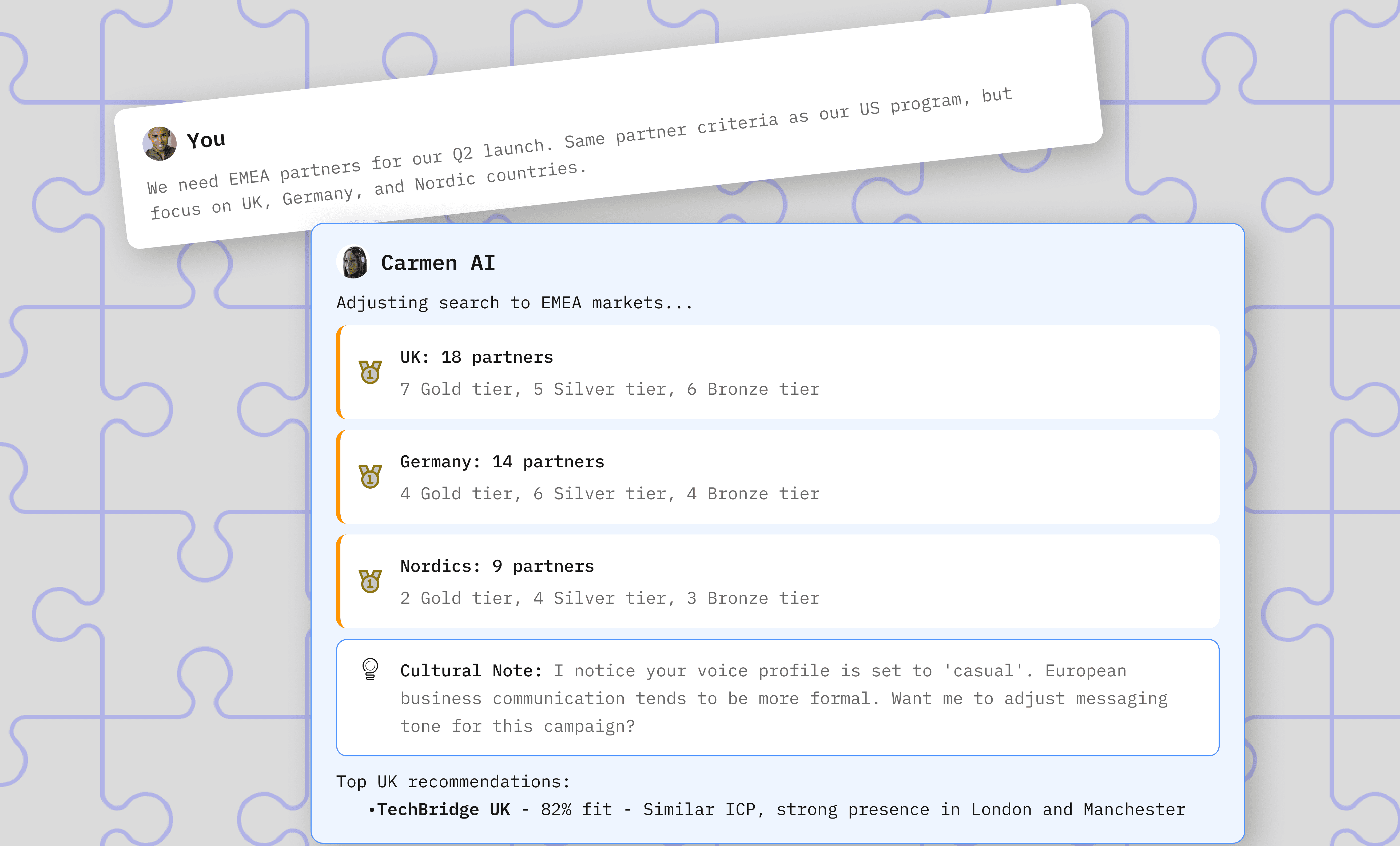 Carmen Chat Interface showing AI Partner Acquisition Process.