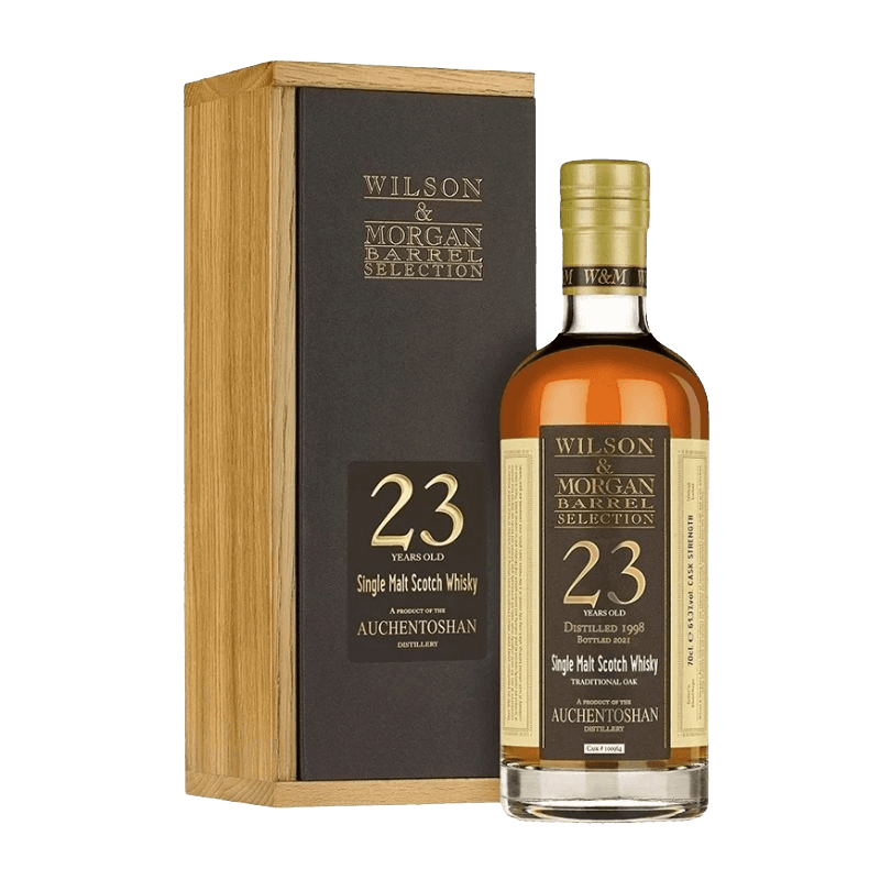 Wilson & Morgan Auchentoshan 23年獨立裝瓶單一麥芽蘇格蘭威士忌，三次蒸餾帶來細緻花果香，展現玫瑰、蜜桃、杏桃、蜂蜜與糖漬柳橙風味。