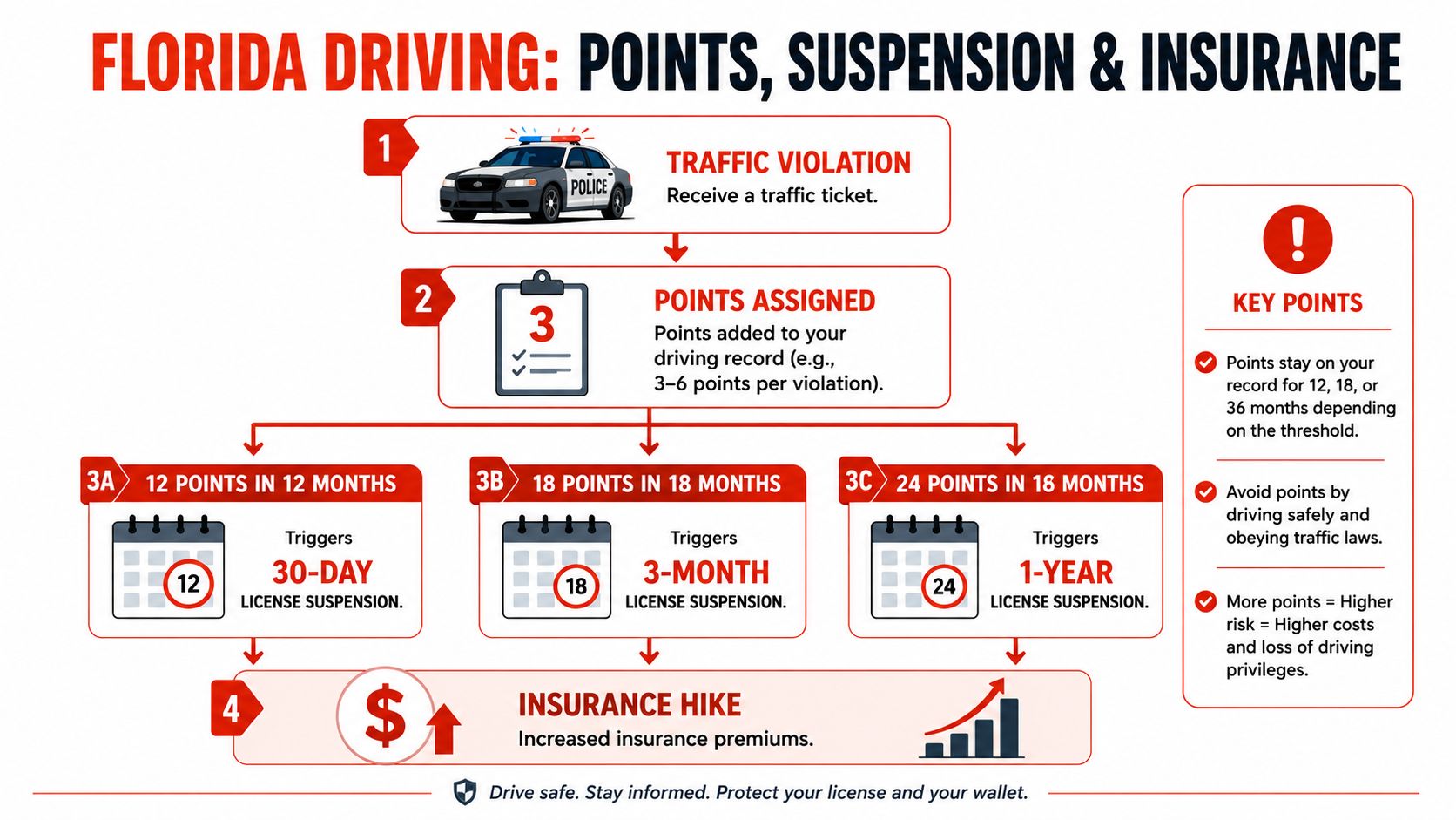 A flowchart detailing the consequences of traffic violations in Florida, including points, license suspension, and insurance hikes.