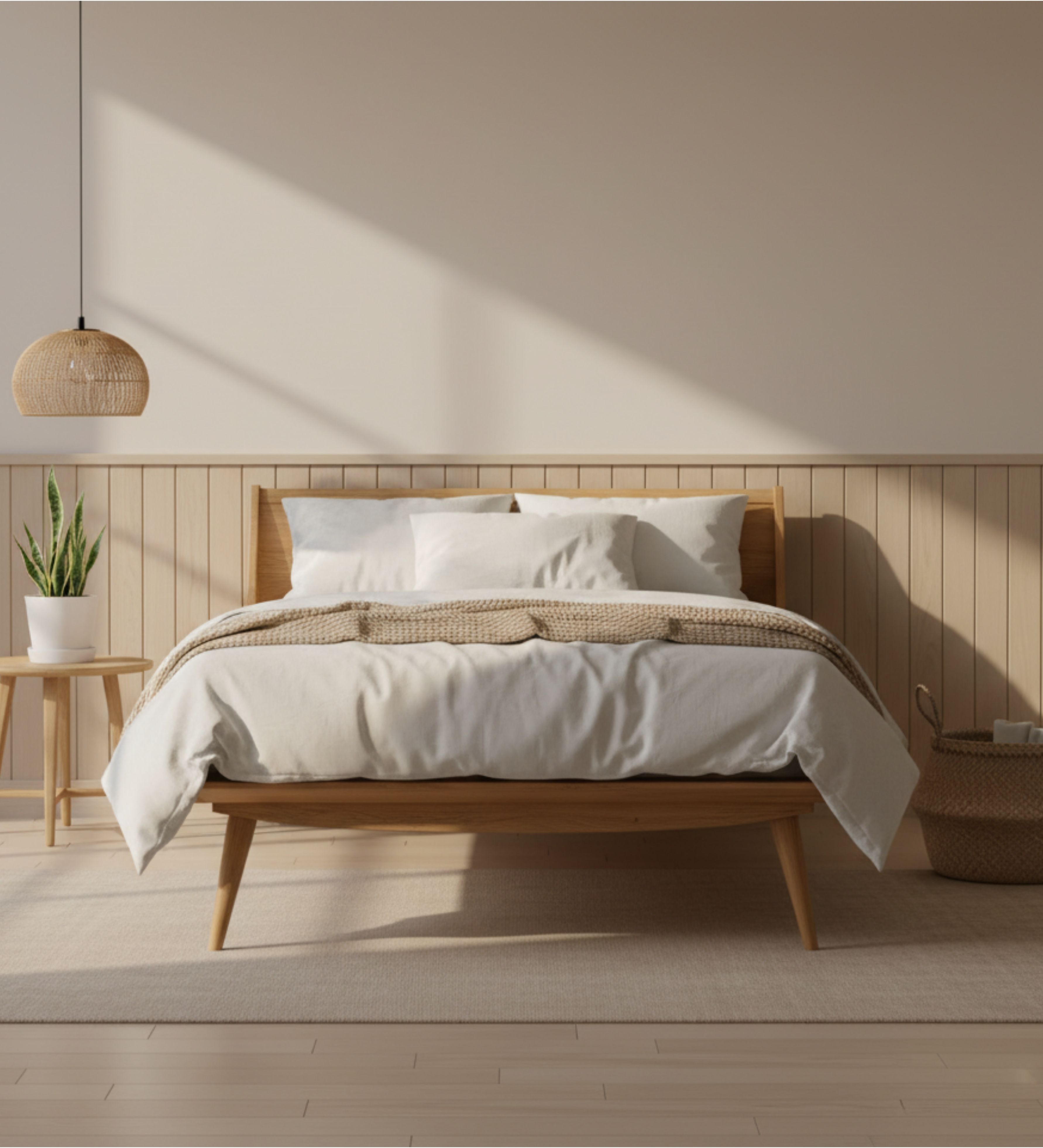 Wood‑framed bed with angled legs, slim profile, and visible joinery details