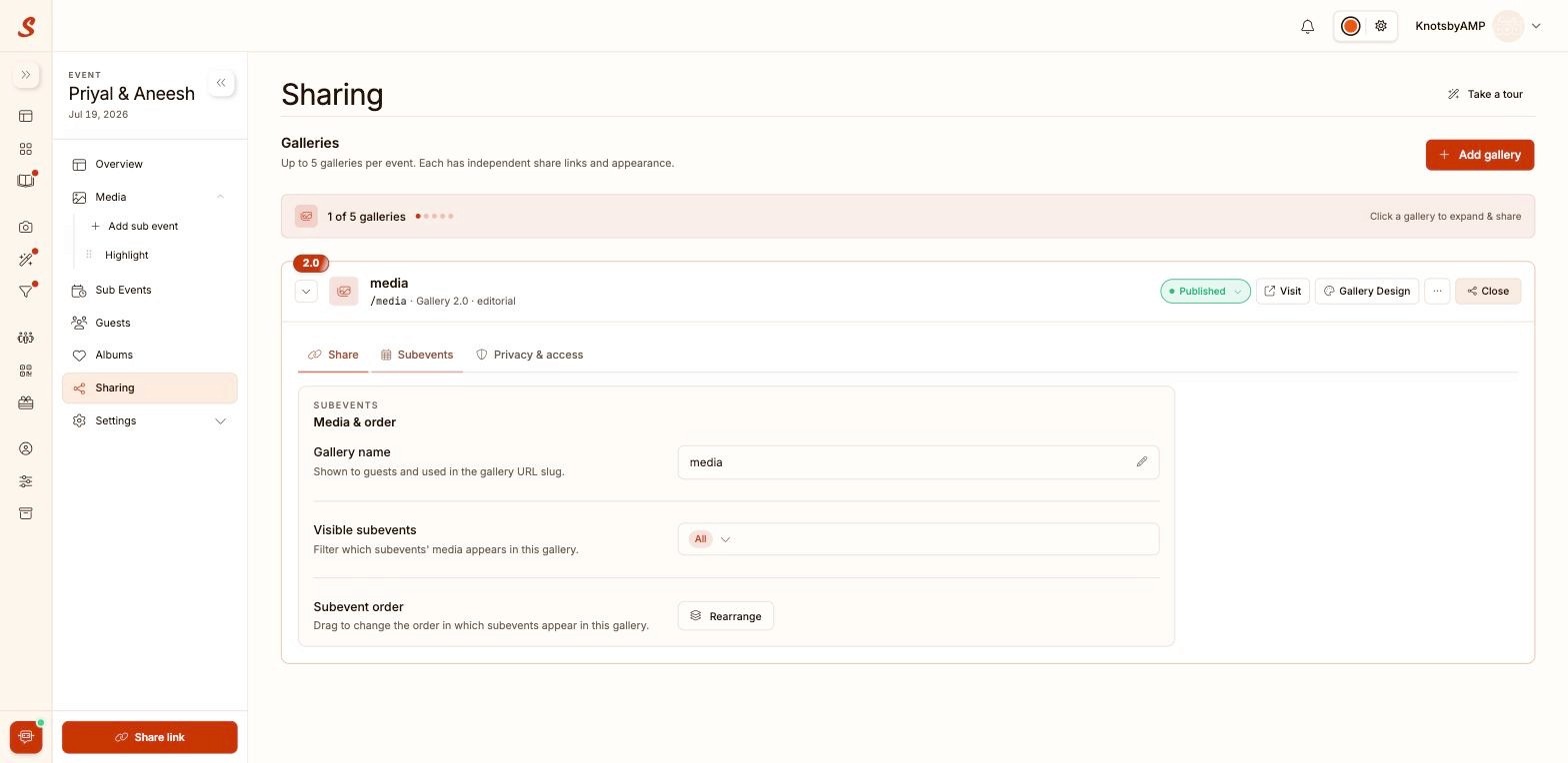 Samaro Subevents tab showing media and order settings, gallery name, and visible subevents controls
