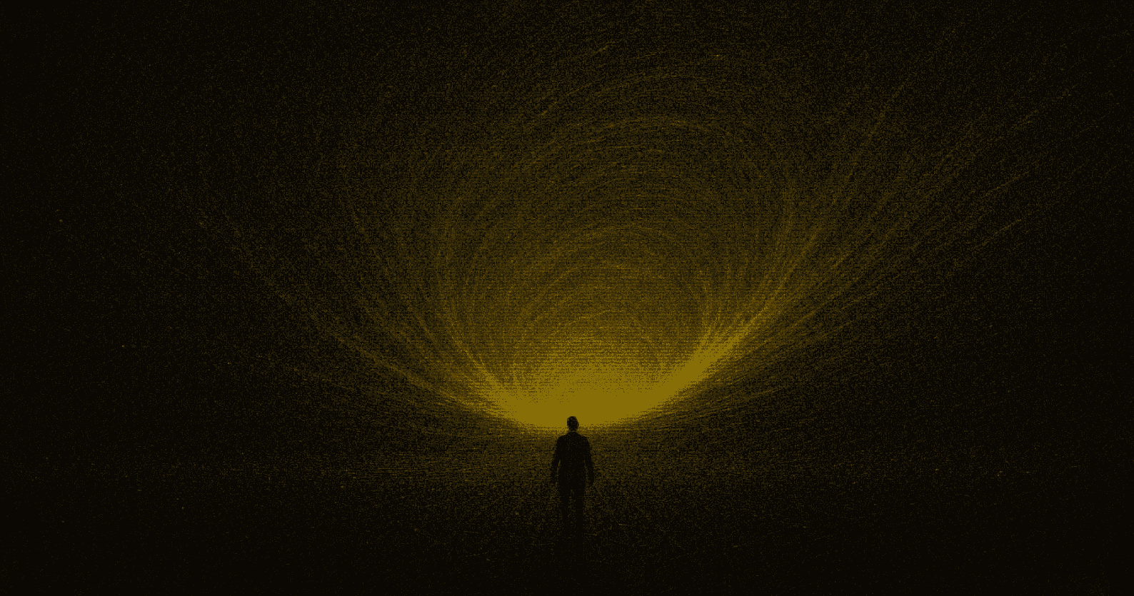 A solitary figure walking toward a swirling vortex of golden light in total darkness