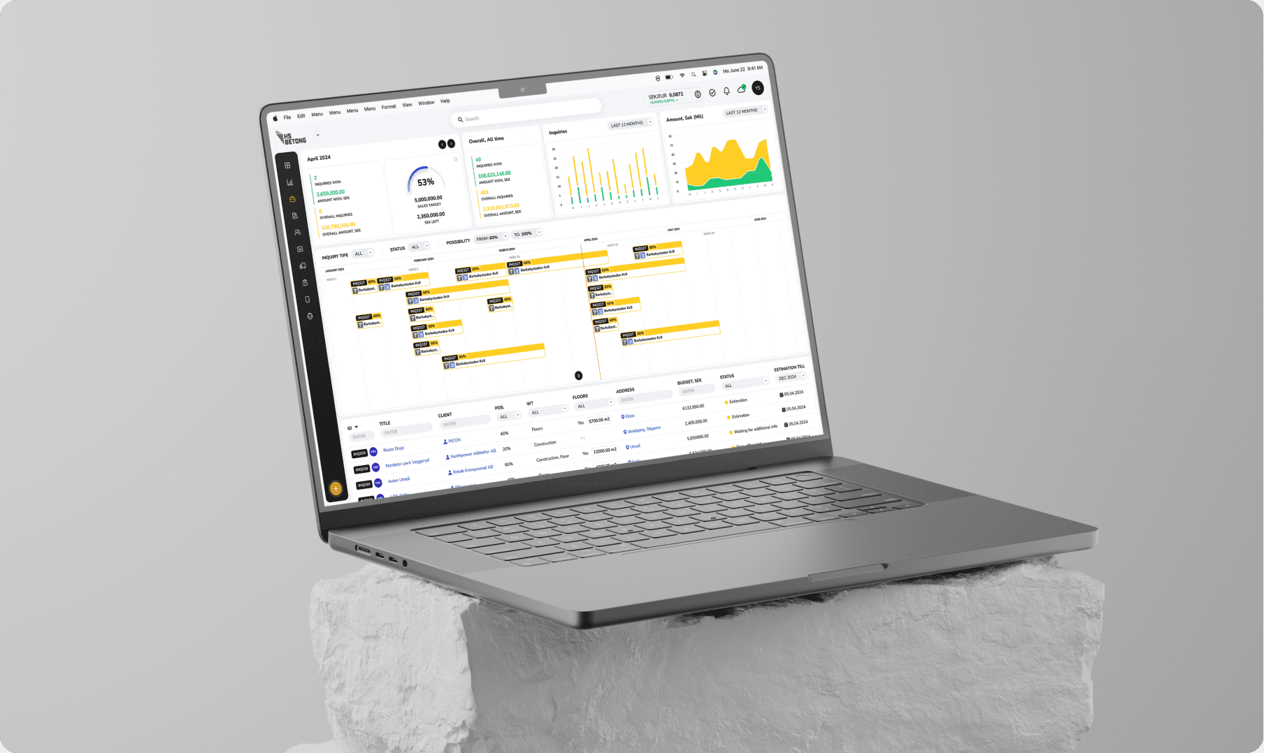 CRM dashboard design for a concrete company, displaying KPIs, project timelines, and customer management tools with a clean layout.