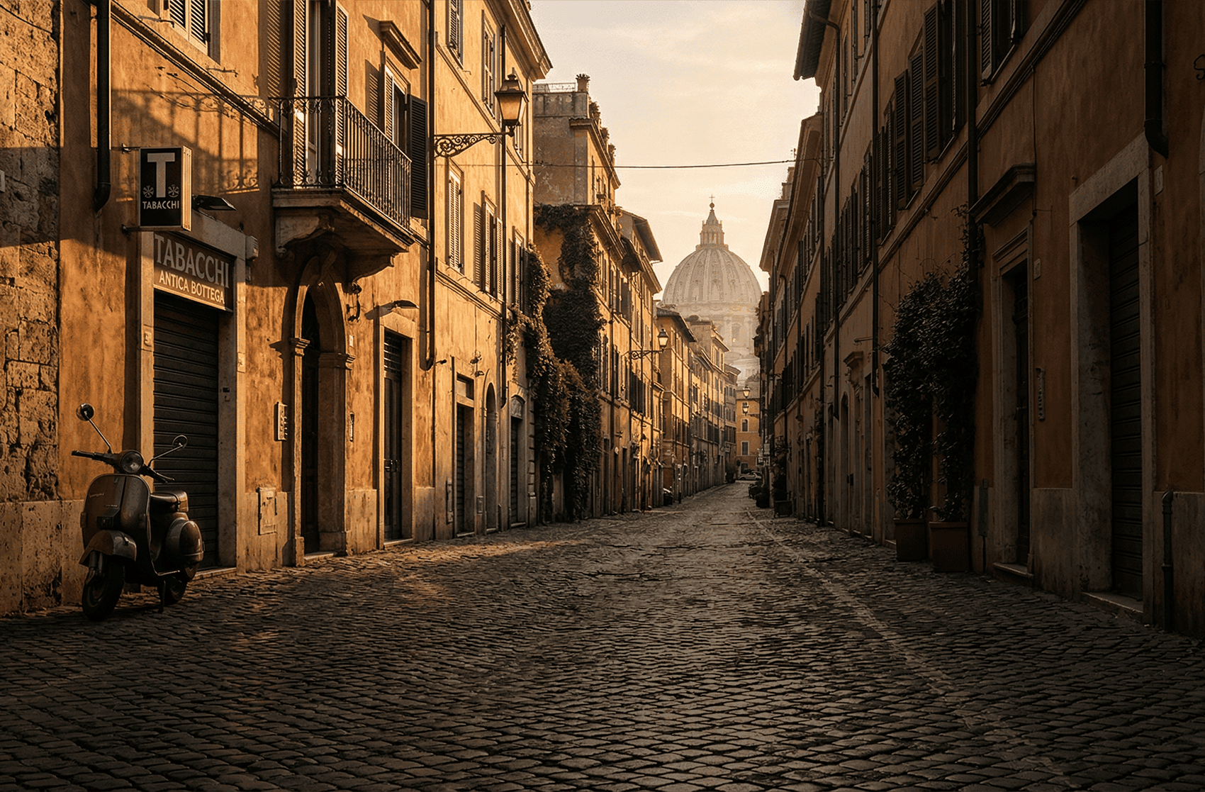 утренняя улица Рима без людей, мягкий свет и архитектура города