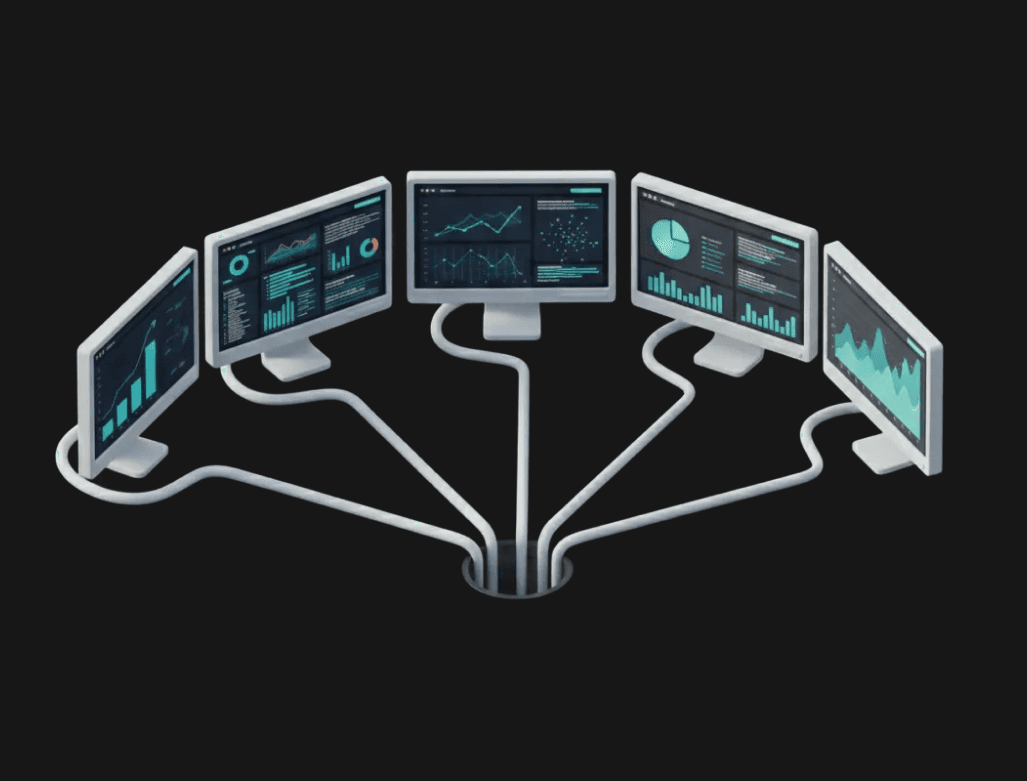 An isometric 3D illustration of a variety of dashboard screens wired together with cords