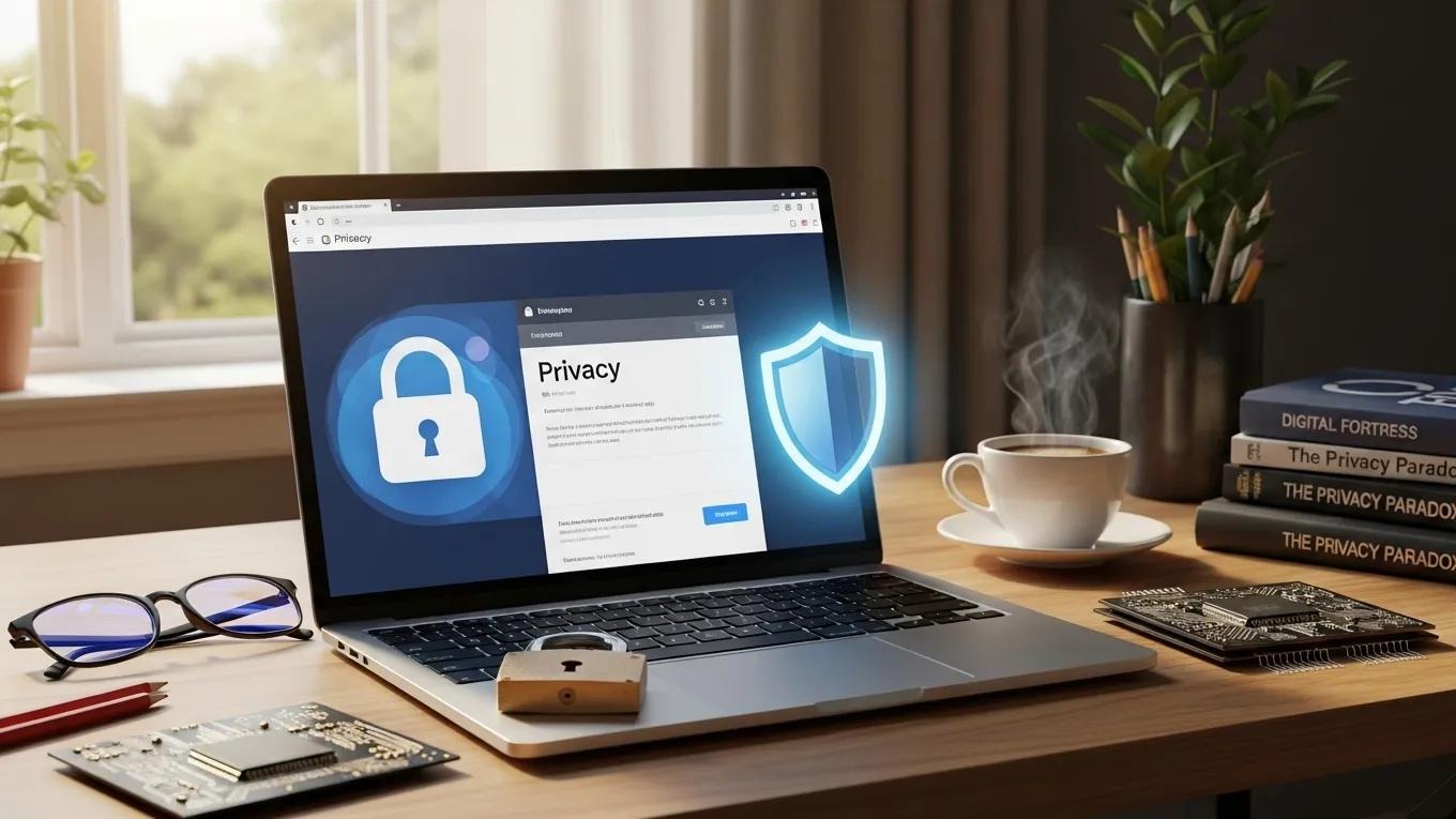 Modern web browser interface with privacy and security symbols in a cozy workspace