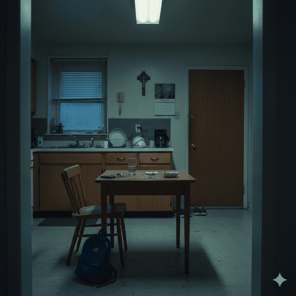 A darkly lit kitchen at night