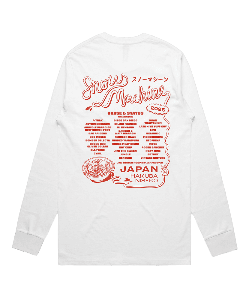 Snow Machine Japan white long-sleeve back print with festival lineup and ramen bowl