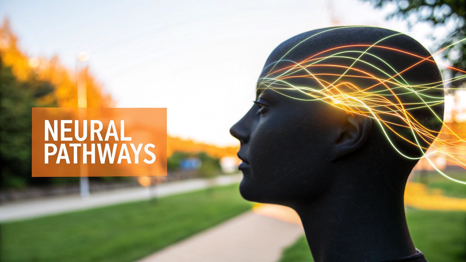 Black mannequin head profile with glowing neural pathways illustrating brain signal connections and cognitive processing