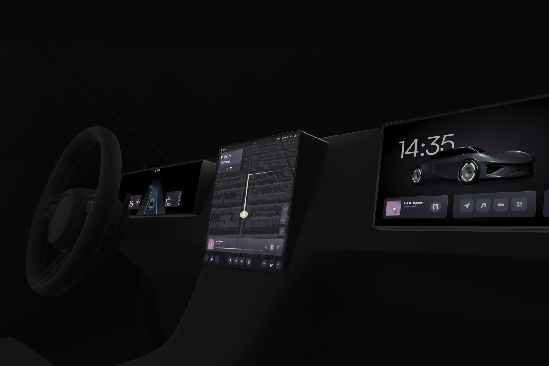 BMW iX interior with curved display showing navigation and cloud-like visual effect across the lower cabin