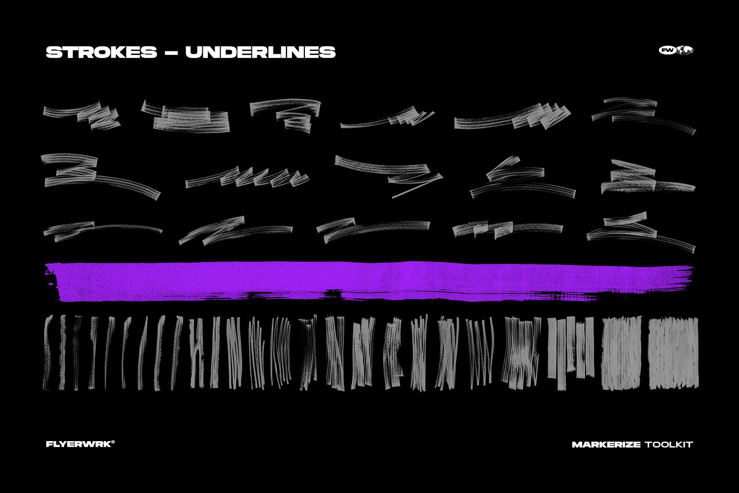 Markerize marker strokes and underlines including various hand drawn gray lines and a bold purple stripe