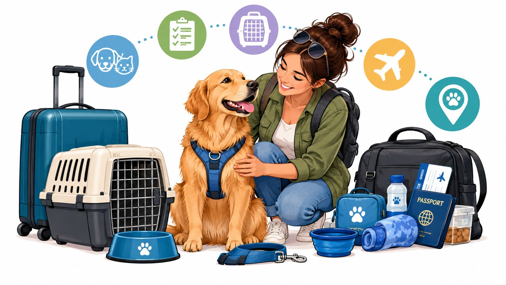 A smiling woman traveling with her golden retriever dog, surrounded by pet travel gear and accessories.