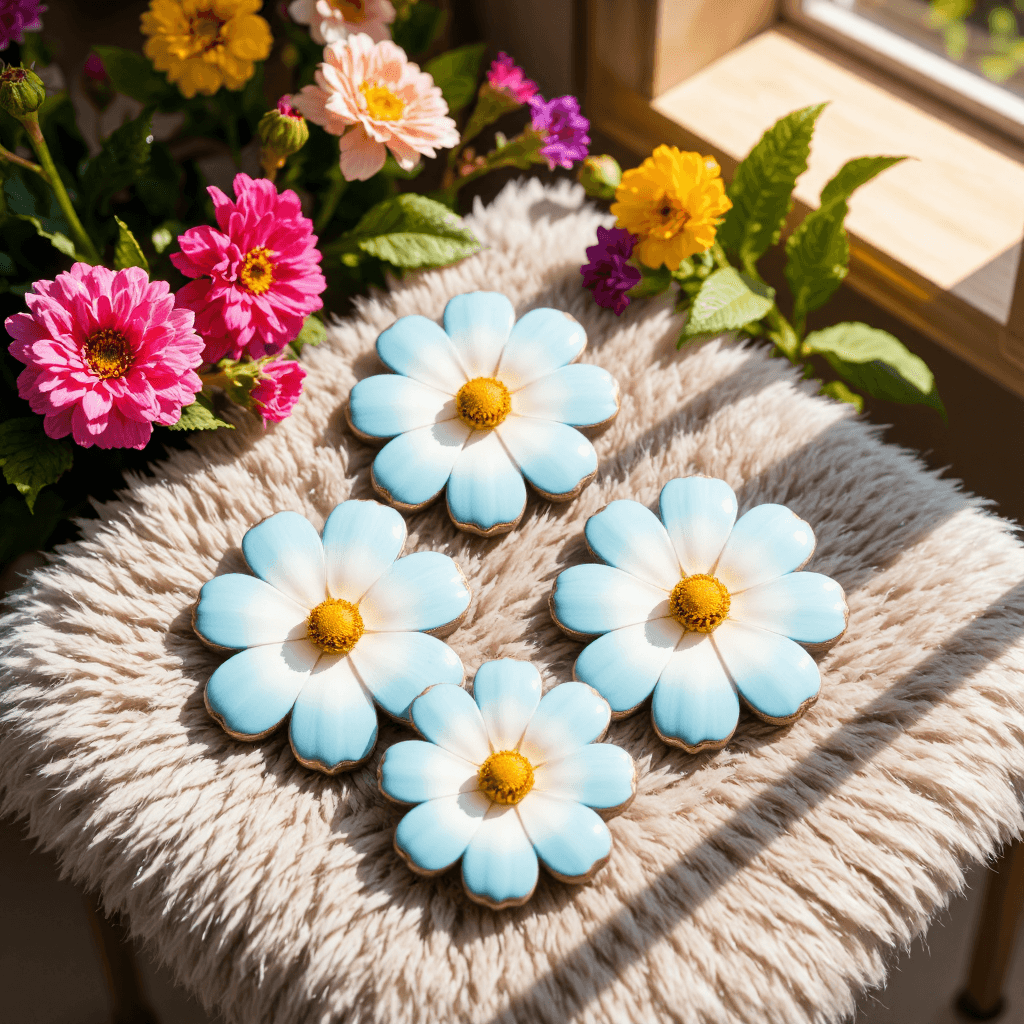 product photography of set of decorative coasters resembling flowers, used for protecting surfaces from drinks