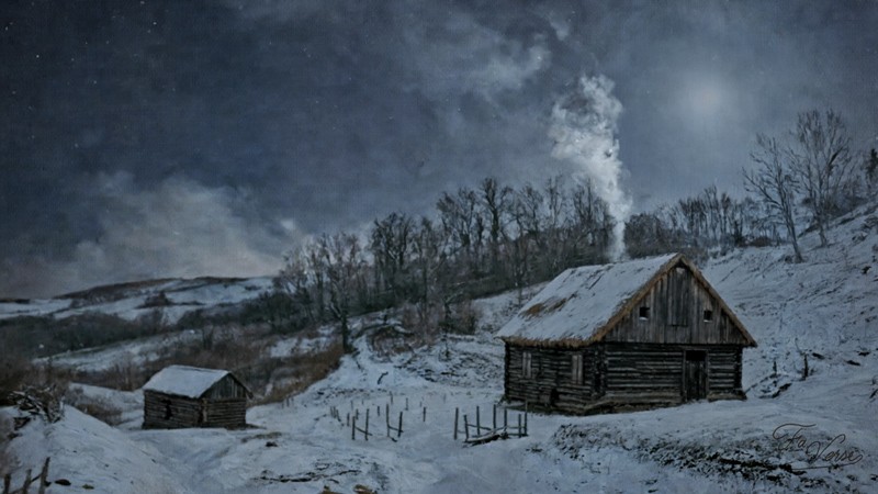 Sacred artwork by Faith and Verse. © Faith and Verse, 2025. All rights reserved. Medieval wooden cottage with external chimney on side wall, smoke rising in winter landscape, Central Europe.