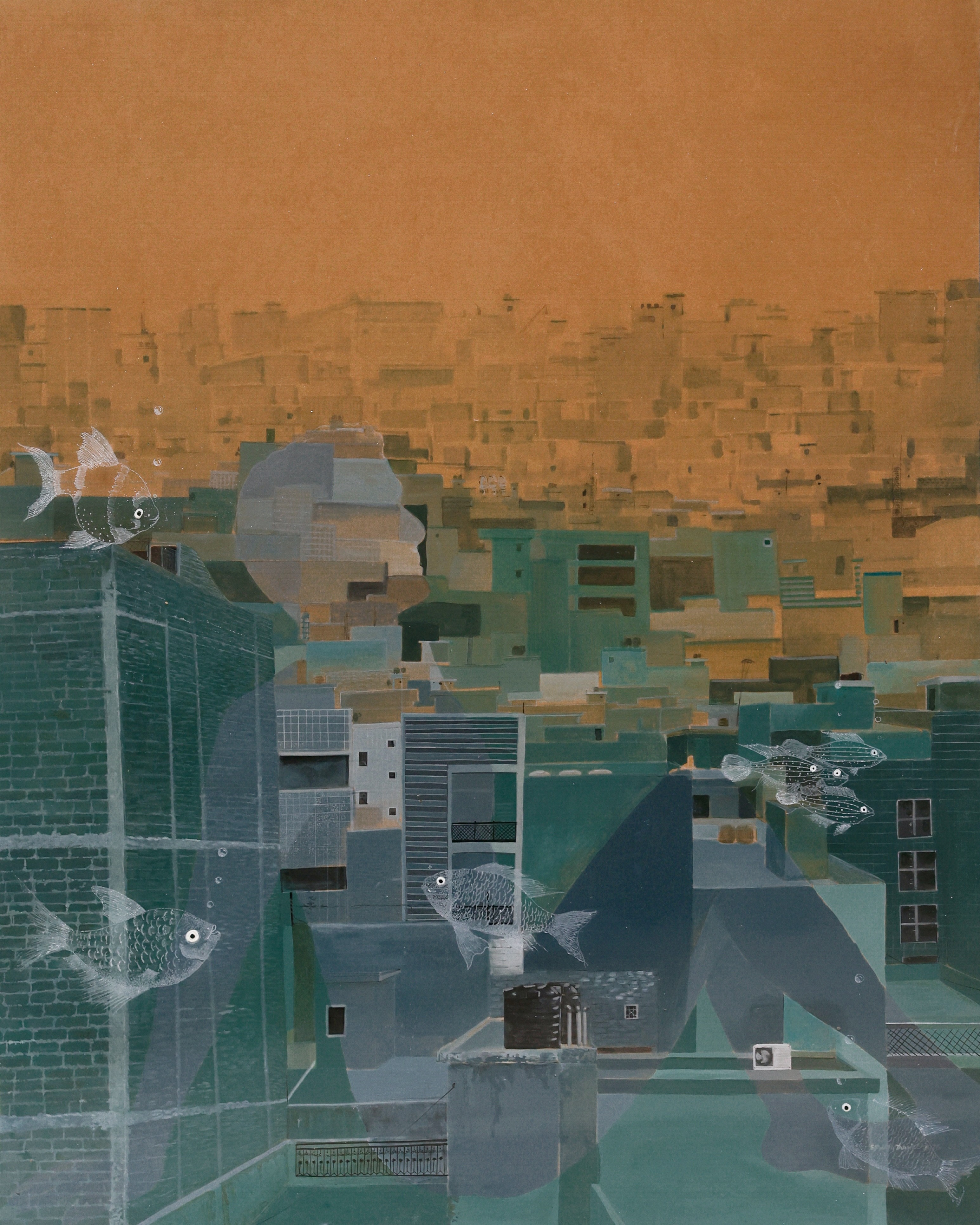 herd of sheep on road painting