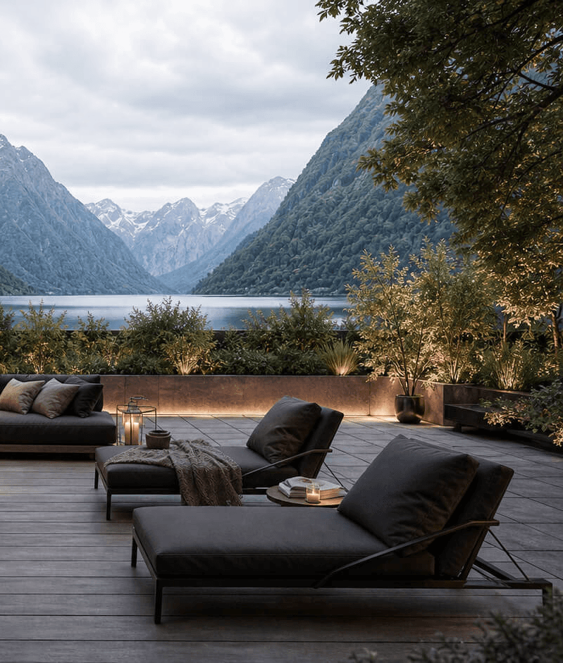 Outdoor lounge chairs on a timber terrace overlooking the fjord