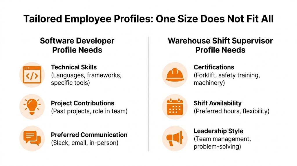 A comparison chart showing tailored profile needs for a software developer versus a warehouse shift supervisor.