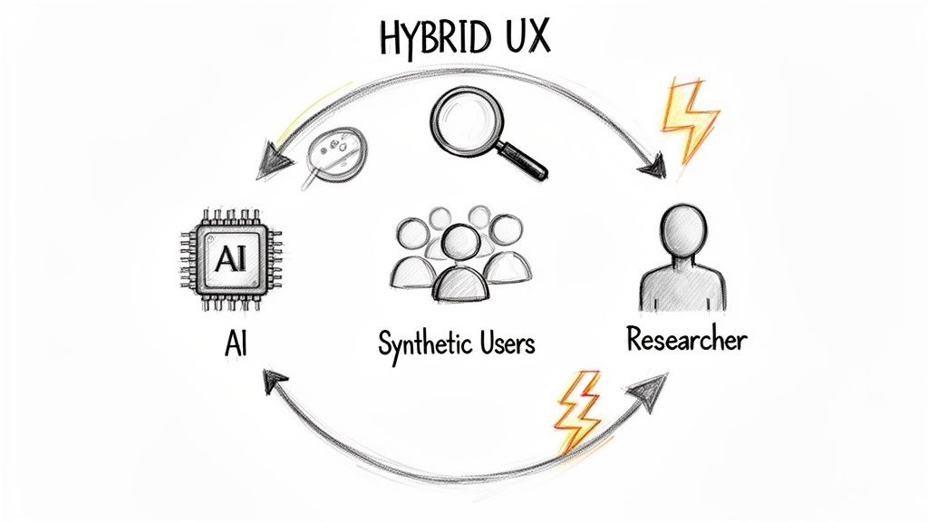 Diagram illustrating the Hybrid UX research cycle, involving AI, synthetic users, and a human researcher.