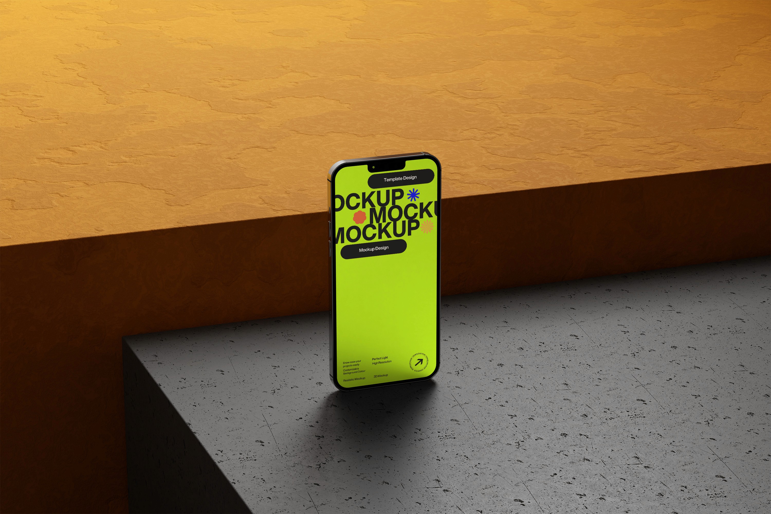 A realistic 3D mockup of a mobile phone leaning at an angle against a weathered yellow wall with grey concrete patches. The screen displays a "M-OCK" design with a large red circle, illuminated by soft sunlight streaks.