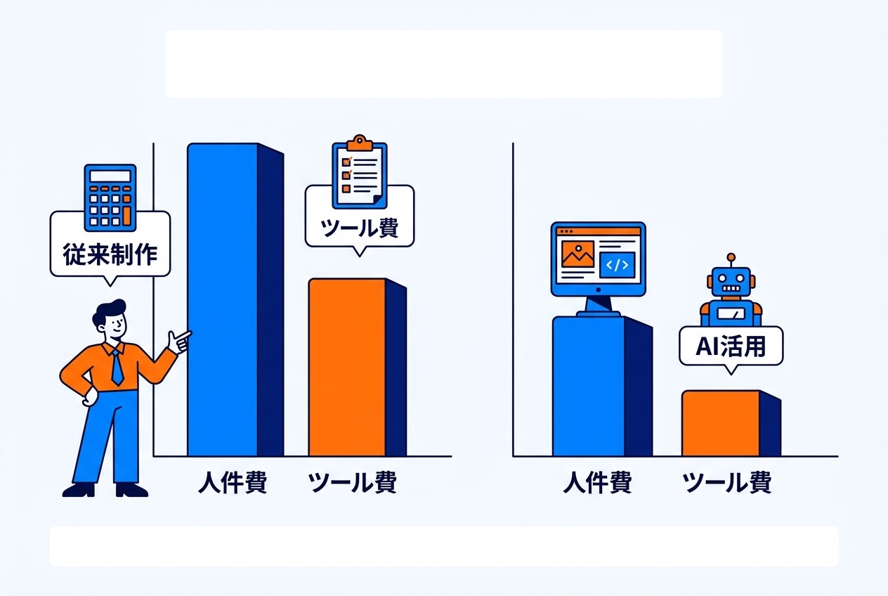 従来制作とAI活用時のコスト比較。人件費は大幅に削減されるが、ツール費と品質管理工数が新たに発生する。月額広告費100万円以上で明確な費用対効果が現れる。