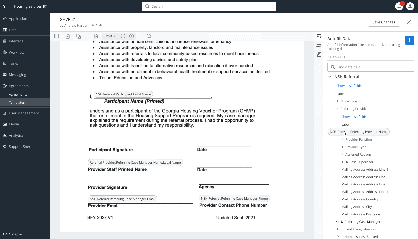 Dragging an autofill data placeholder onto a template.