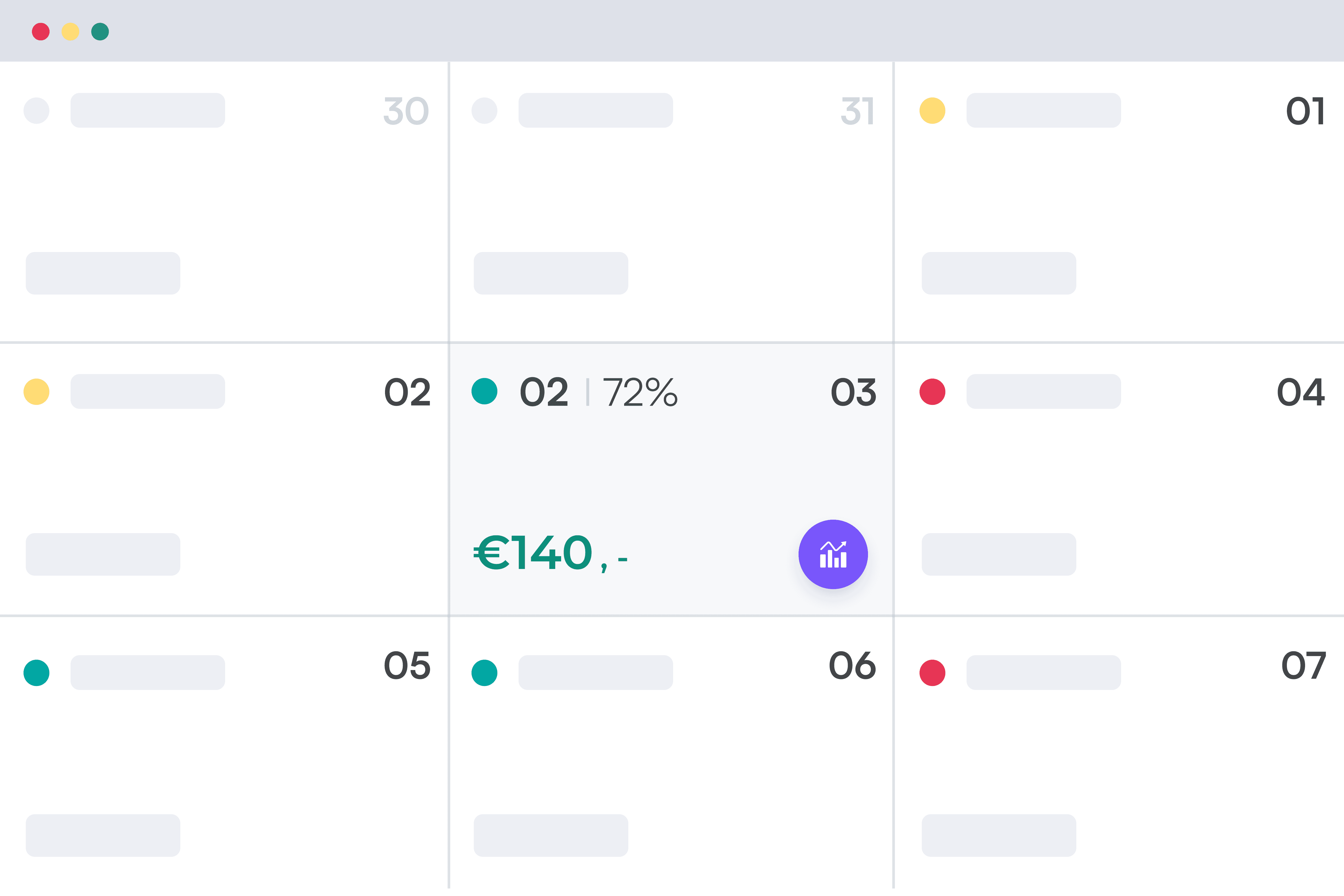 A calendar view displaying days of the week with various scheduled events highlighted in different colors.
