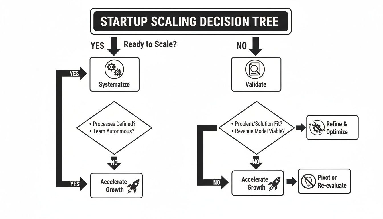 A decision tree flowchart guiding startups through scaling, covering systematization, validation, and growth strategies.
