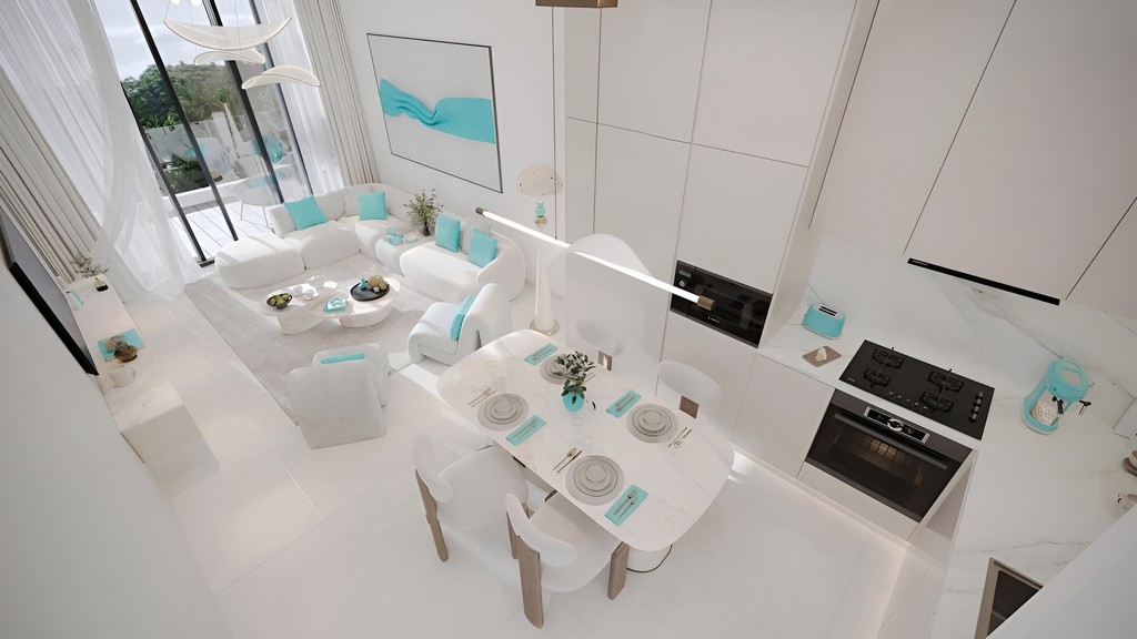 Contemporary living room at Reef 996 Dubai, highlighting sleek furniture, vibrant colors, and an inviting atmosphere
