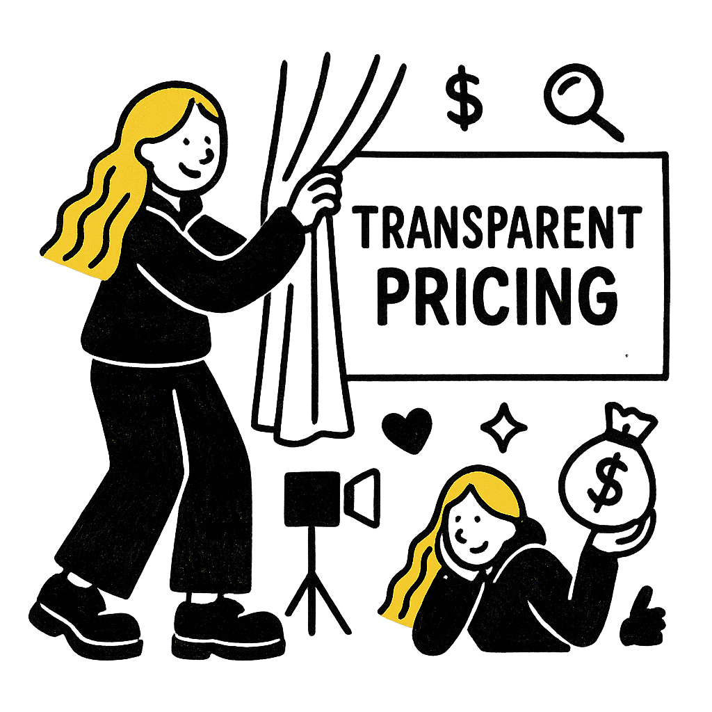 Iconographic of girl standing in front of a sign that says transparent pricing