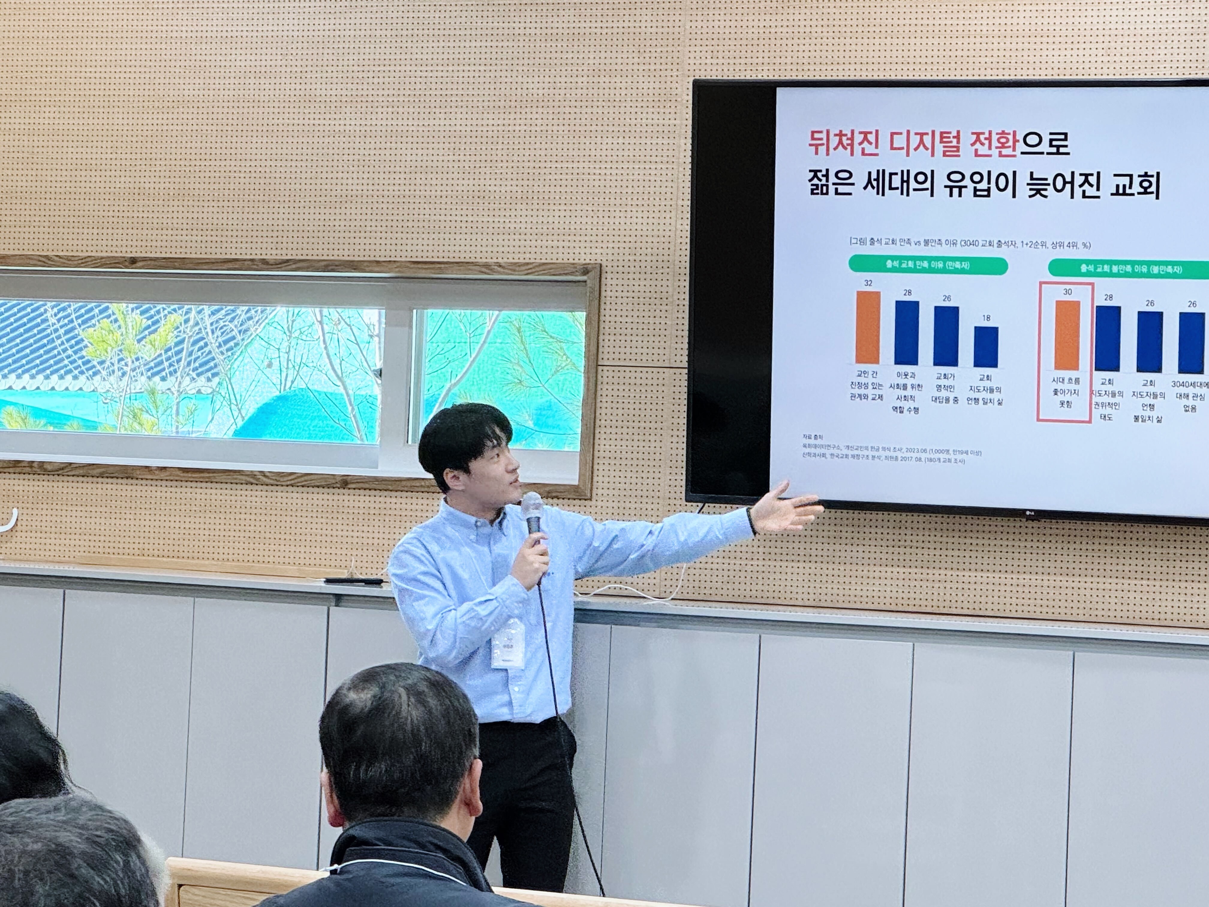 교회 디지털 전환의 필요성을 데이터와 함께 설명하는 발표 장면