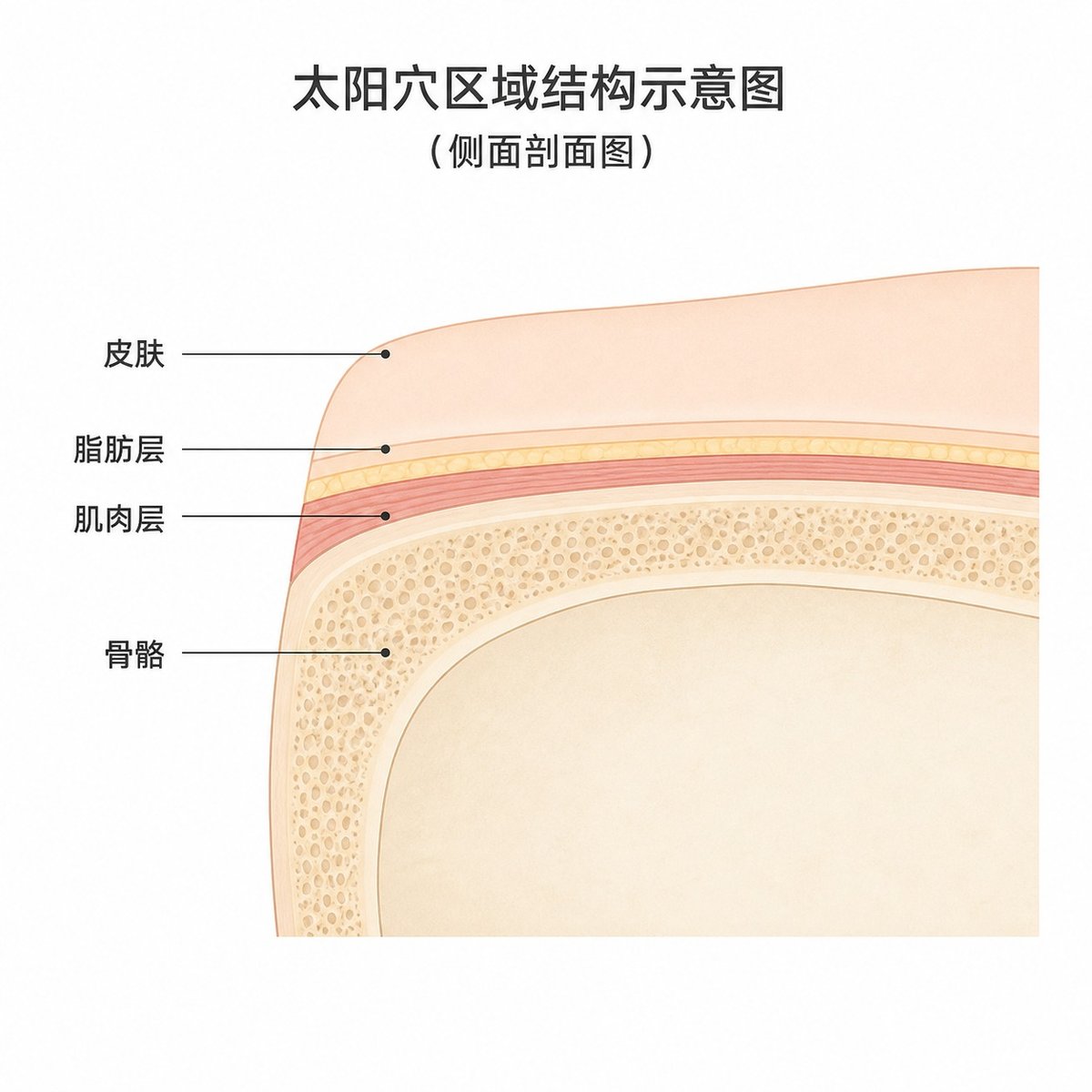 太阳穴部位断面图，显示皮肤、脂肪、肌肉与骨骼一起变薄