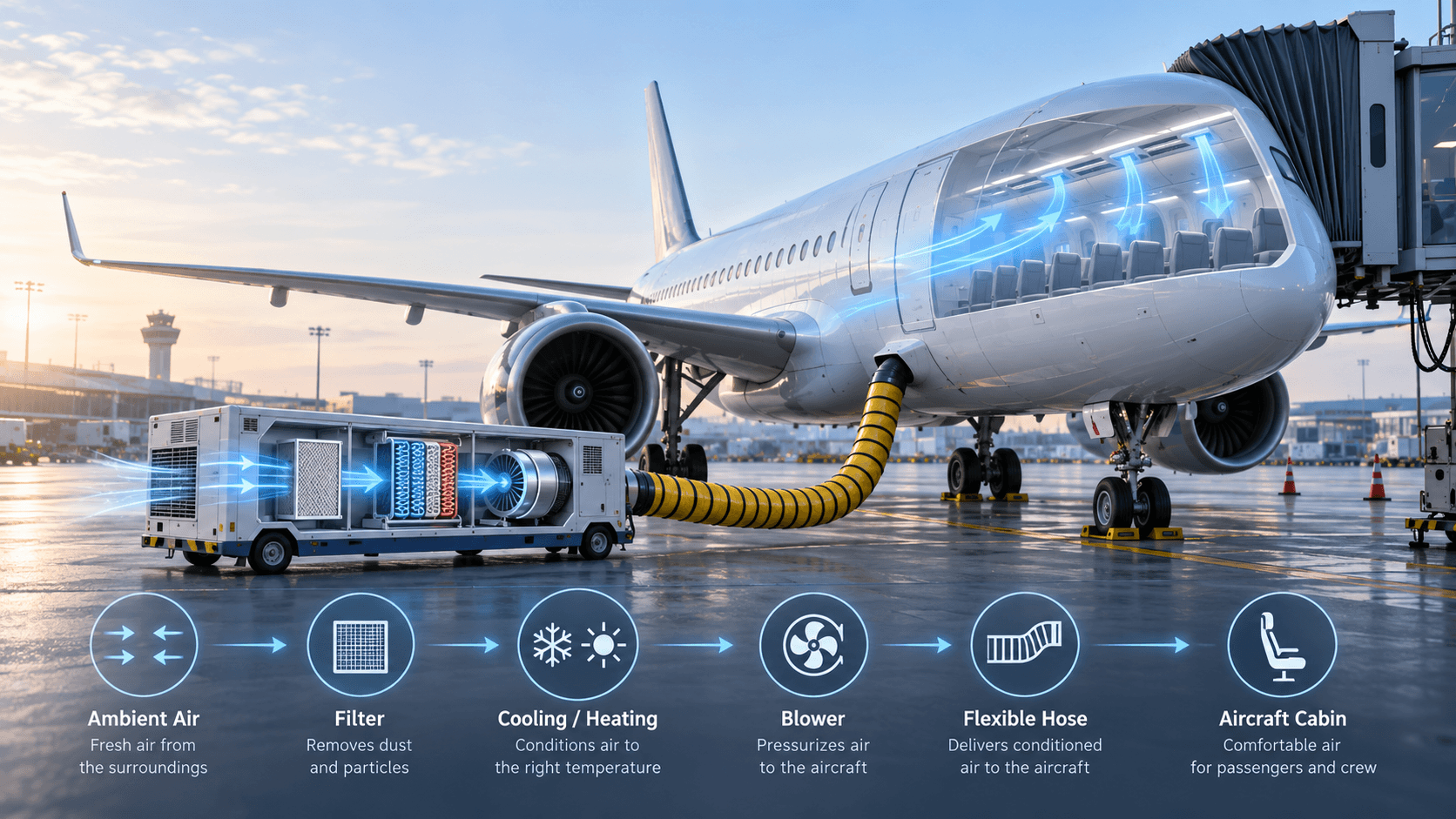 Aircraft PCA working principle from ambient air through cooling blower hose and into the aircraft cabin