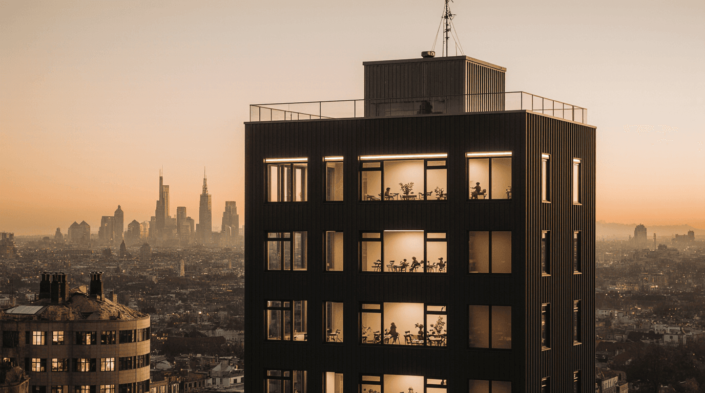 Tall dark-clad office building at dusk, with warm lights glowing inside and a hazy city skyline in the background.