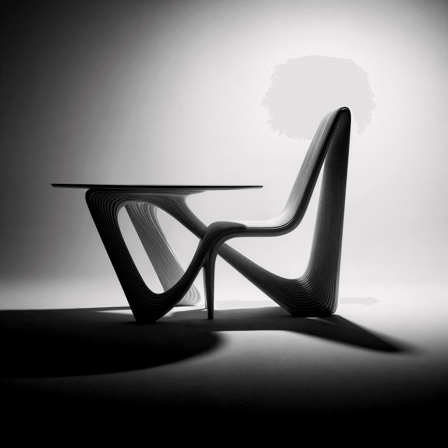 Modern artistic wooden chair and table, B&W.