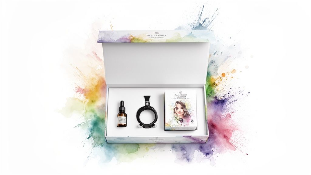Open white gift box displaying skincare products: a serum bottle, a diffuser, and a cosmetic kit.