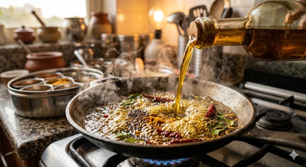 A close-up photograph of golden mustard oil being poured from a glass bottle into a hot frying pan on a stove, where spices like cumin, mustard seeds, and dried red chilies are sizzling (tadka) and releasing steam in a warm-lit Indian kitchen setting.