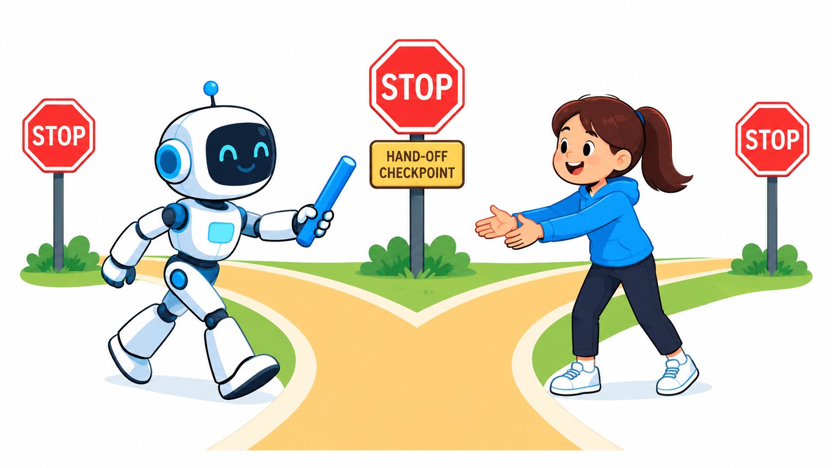 A robot passing a blue baton to a young girl at a hand-off checkpoint on a path.