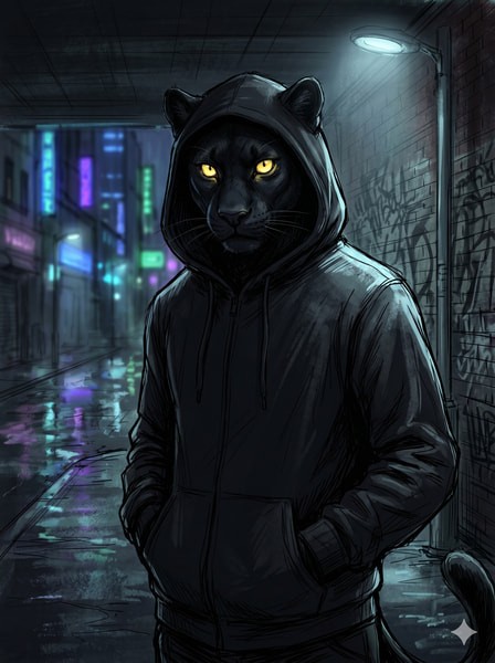 Mysterious black panther Furry pfp in a hoodie.