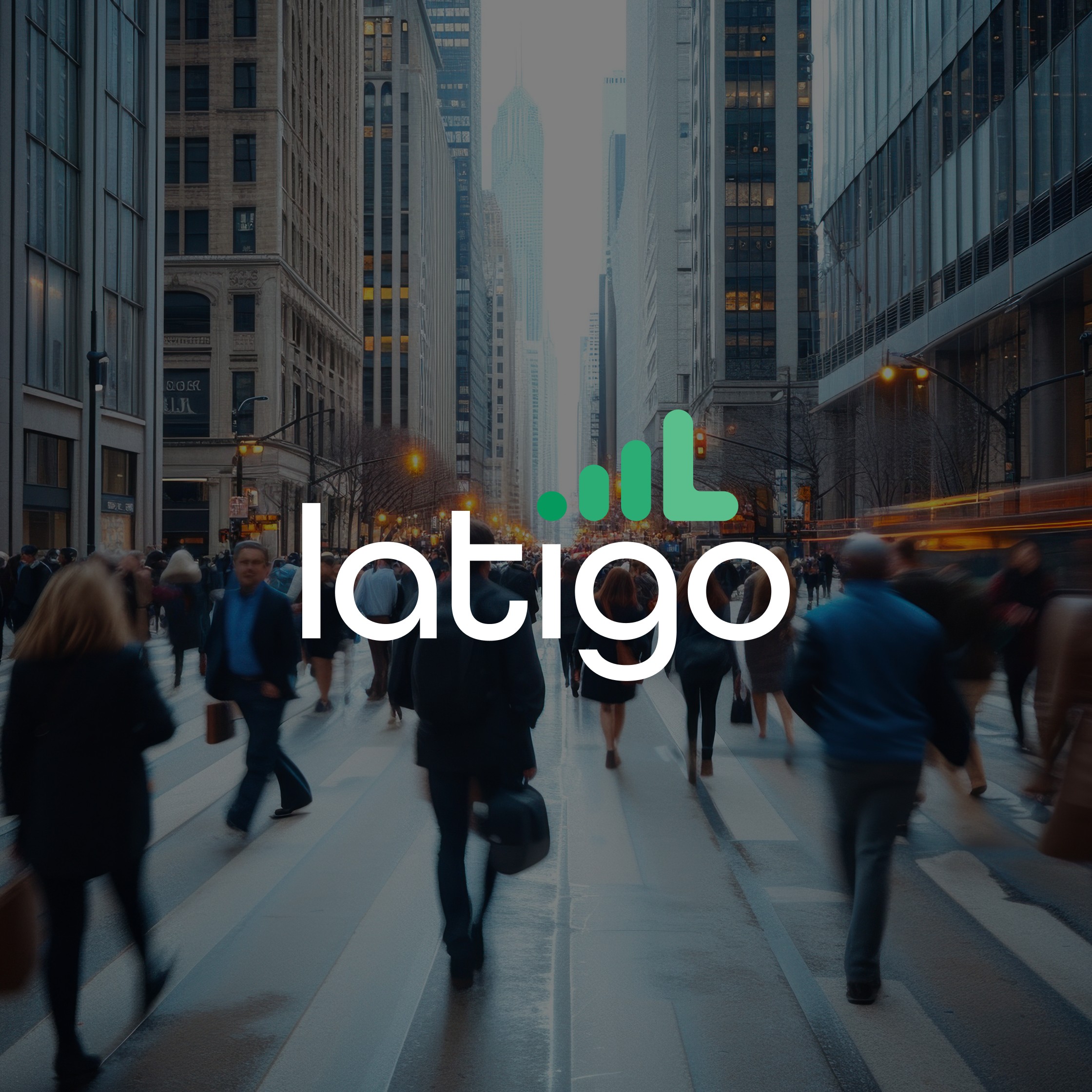 People walking in motion in the middle of a city street with the Latigo logo overlaying the image