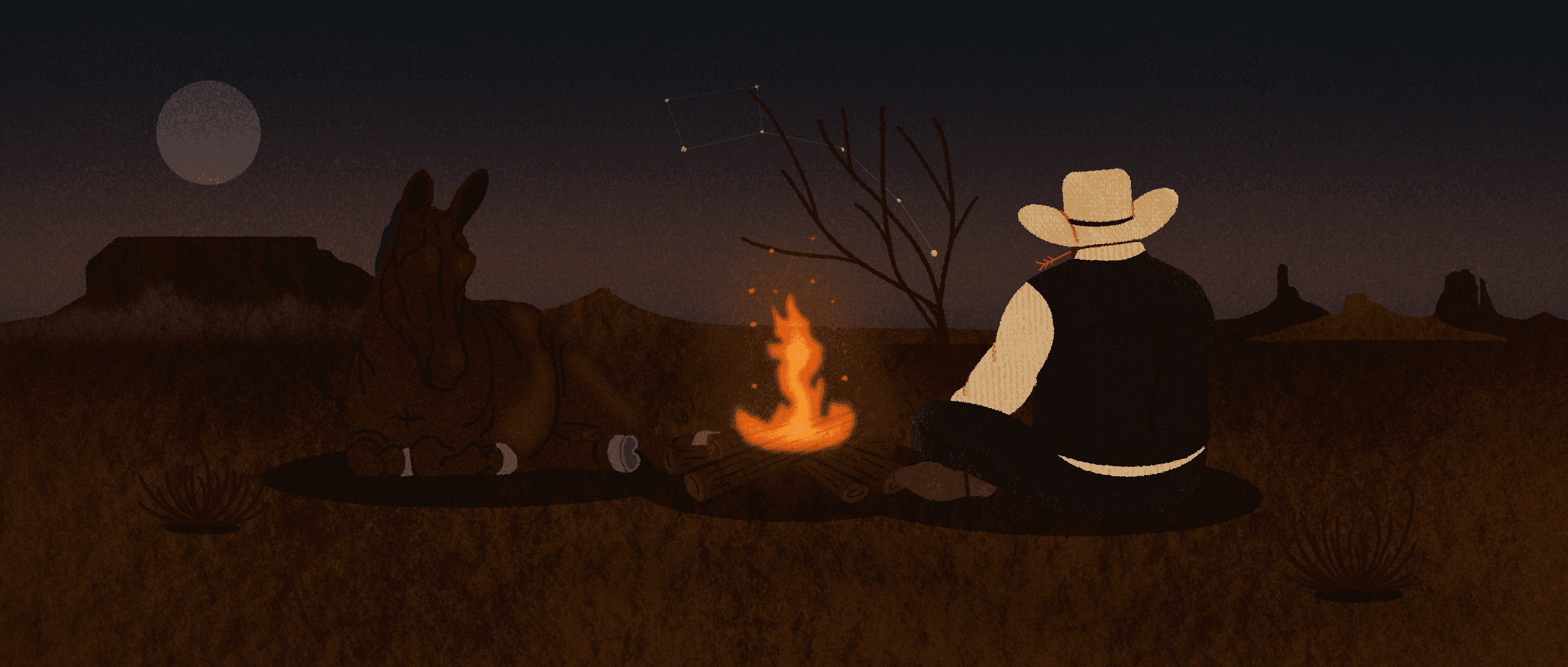 Illustration of a lone man sitting by a campfire with his horse--both resting on the desert ground.